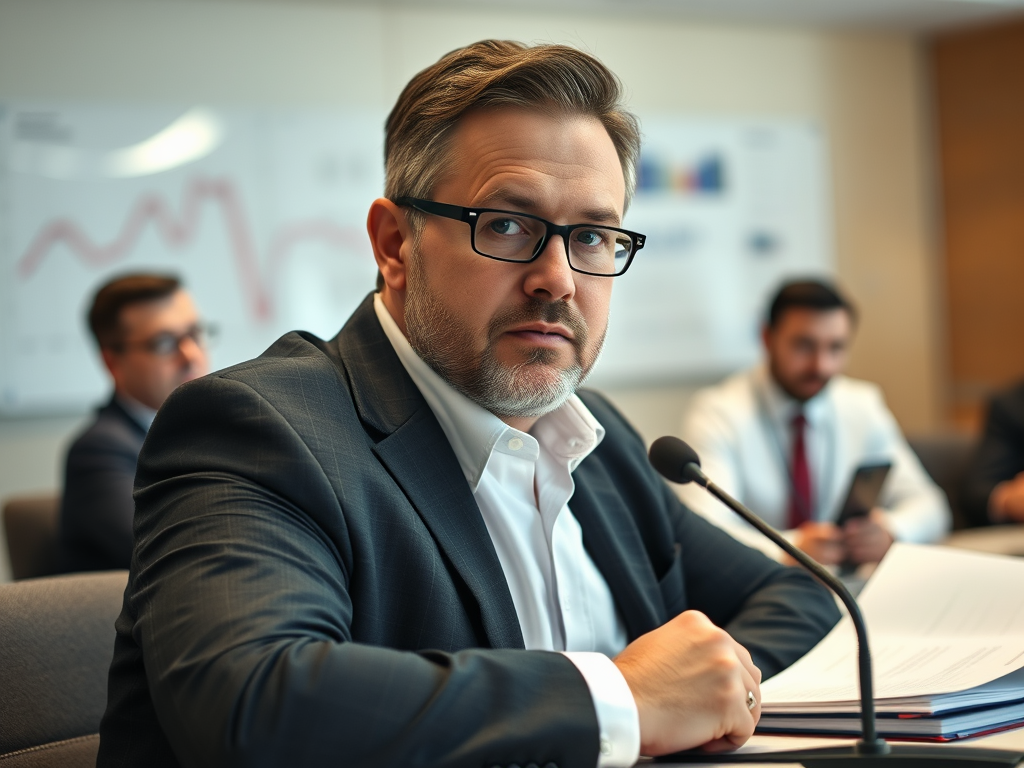 A serious businessman in a dark suit sits at a meeting table, focused, with colleagues in the background.