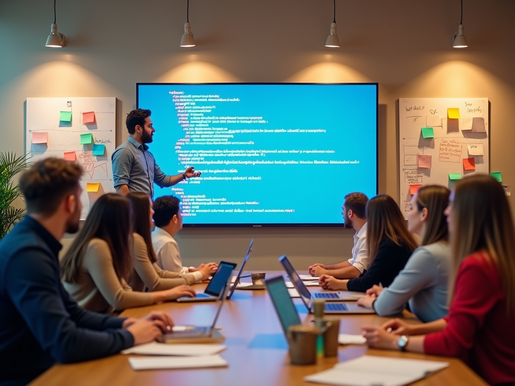 Man presenting code on a screen to attentive colleagues in a meeting room.