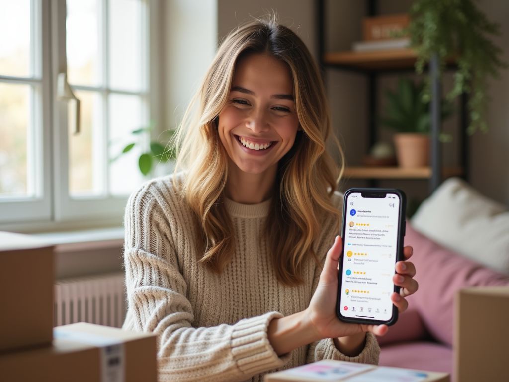 Happy woman showing her phone screen with social media app open, in a cozy room.