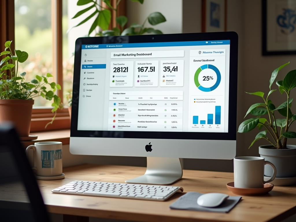 Computer screen displaying email marketing dashboard on a desk with plants and a coffee mug.