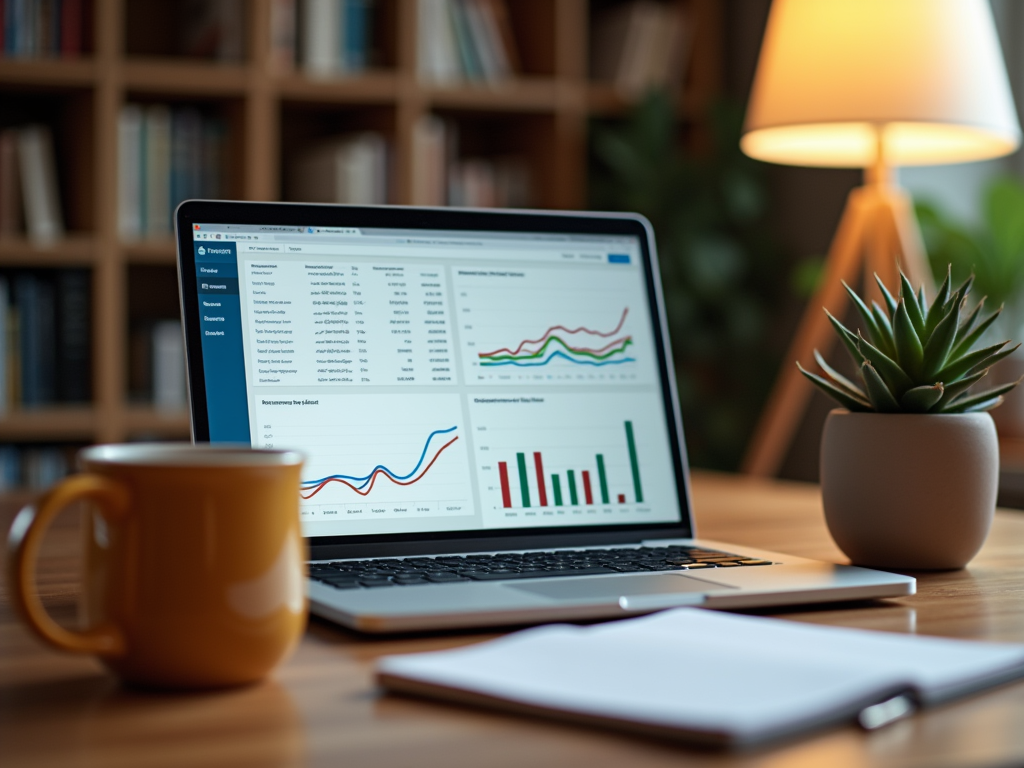 Laptop displaying graphs on a desk with a coffee mug and plant, in a cozy home office setup.