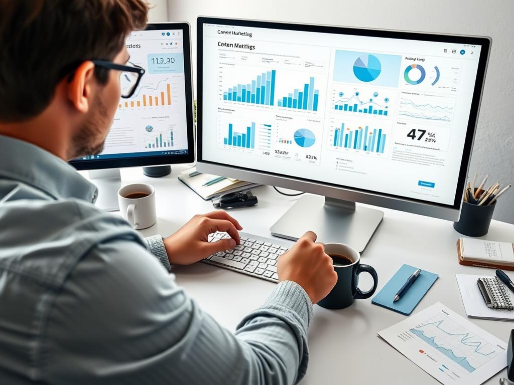 A person analyzes data on two monitors while holding a coffee cup at their desk. 여러 개의 보고서가 주변에 있습니다.