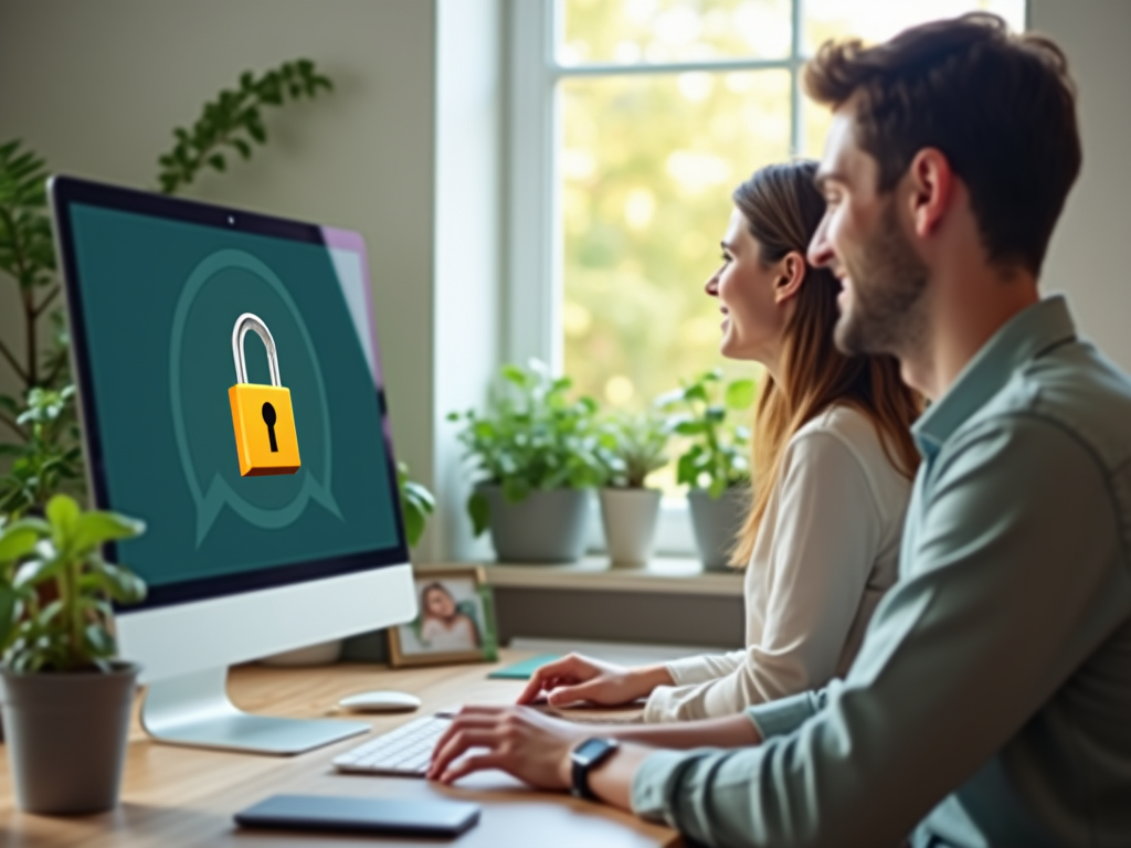 Two people looking at a computer screen displaying a lock icon, symbolizing cybersecurity.